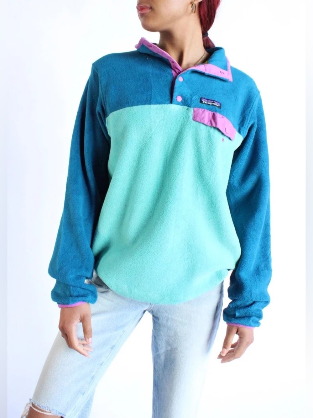 Patagonia Women’s Teal, Aqua & Pink Synchilla Snap-Fleece Pullover Sweater -S